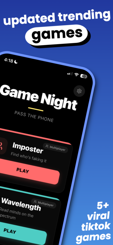 Interfaz de la aplicación Game Night mostrando juegos populares para fiestas como Impostor y Wavelength