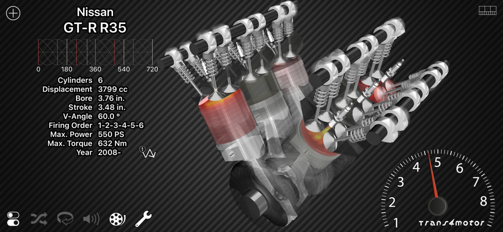 Trans4motor - Engine Simulator - Visualização 3D de um motor V6 Nissan GT-R R35 com especificações técnicas e conta-giros