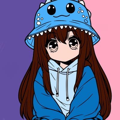 girl with anime shaped eyes with a dinosaur bucket hat oversized sweatshirt long straight hair