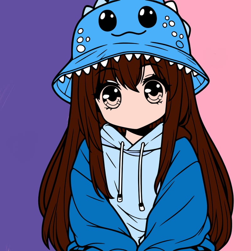 girl with anime shaped eyes with a dinosaur bucket hat oversized sweatshirt long straight hair