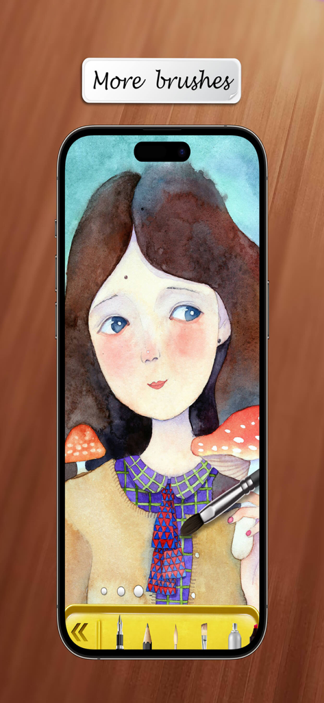 Watercolor portrait of a girl on the Sketch Pad app with drawing tools visible at the bottom.