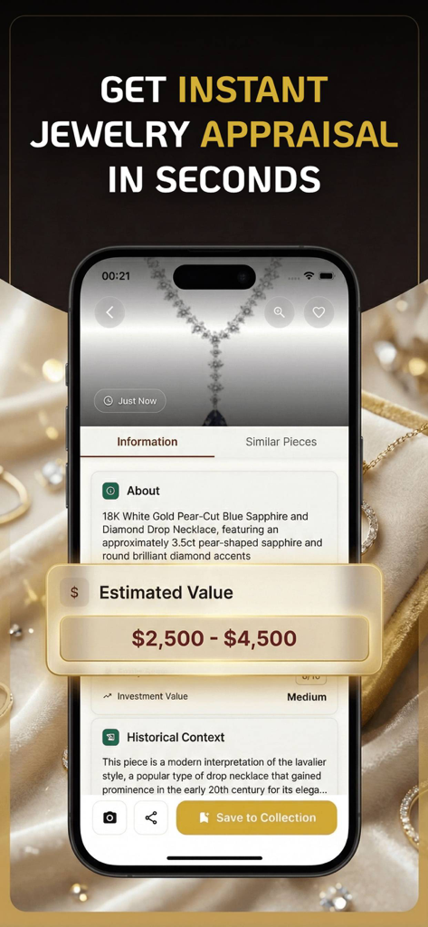 A smartphone displaying the Gemly app with an instant jewelry appraisal for a diamond and sapphire necklace showing an estimated value between 2500 and 4500 dollars.