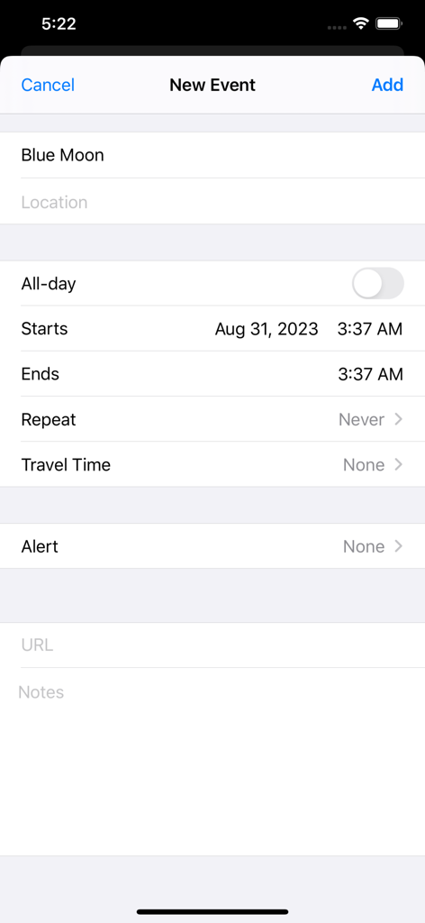 Screen showing how to add a Blue Moon event to the calendar
