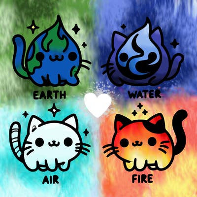 4 cats that represent the different elements, earth, water, air, and fire