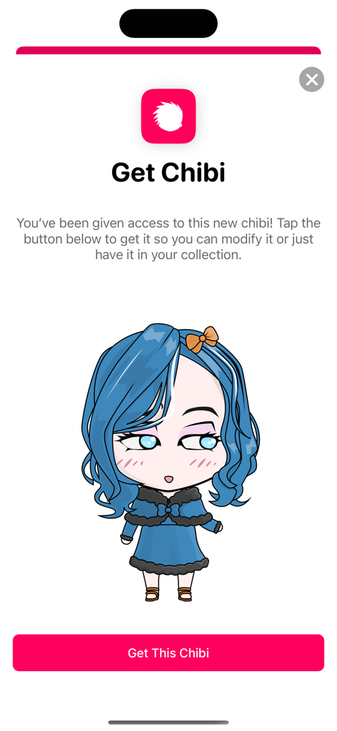 Chibi Studio Avatar Maker - A screen in the Chibi Studio app featuring a blue-haired anime avatar with a Get Chibi button