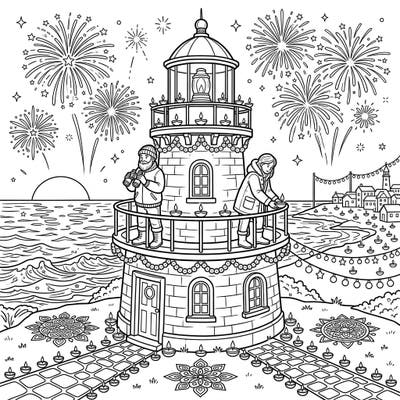 Embark on a unique coloring journey with our Lighthouse Keepers Diwali page, blending maritime life with the joyous Festival of Lights. This intricate design features dedicated keepers, dazzling fireworks, and traditional diyas, perfect for artists of all ages.