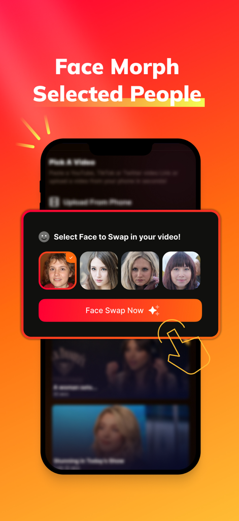 Interface of the Morphio AI app showing the face swap selection feature with multiple portrait options.