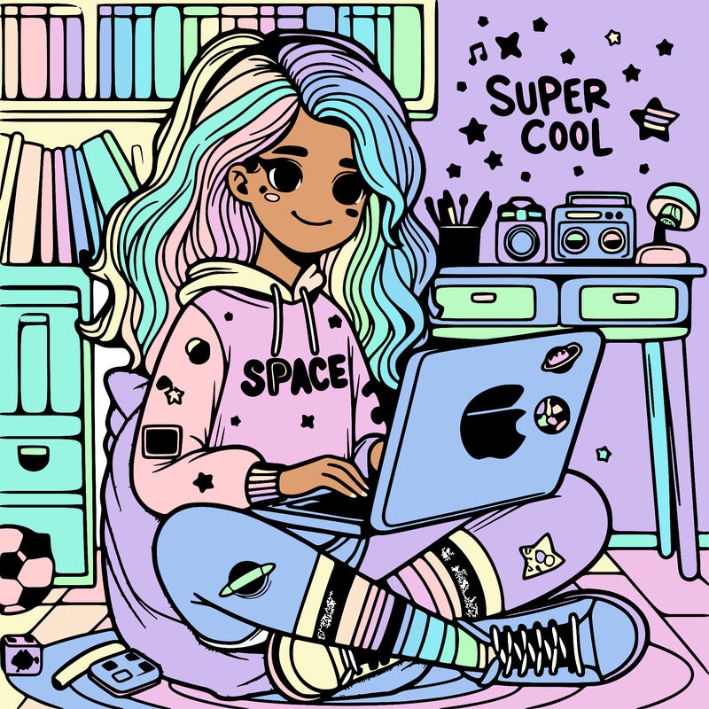a cool teenage girl in her space onsie,in her super cool space bedroom, girl is sitting on a chair with her laptop