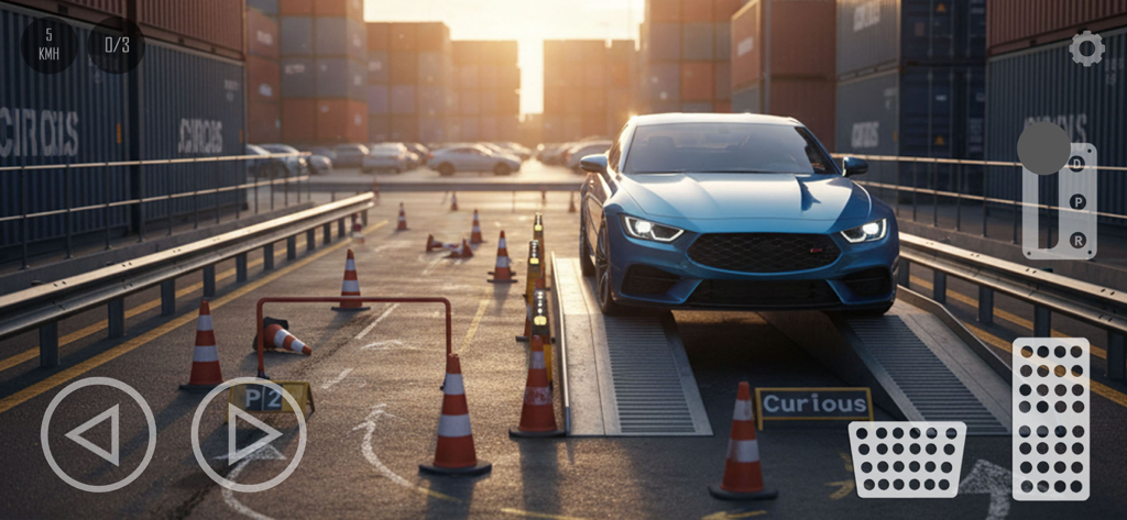 Blue car maneuvering on a ramp in an industrial level of Car Parking 2026 simulator