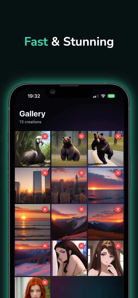 A smartphone screen displaying a gallery of AI-generated images including landscapes, animals, and anime characters within the Lumina app.