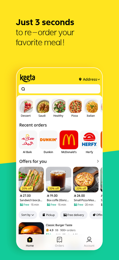 Keeta food delivery app showing recent orders and daily meal deals on a mobile interface