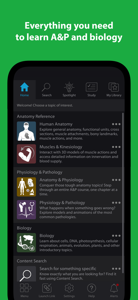Visible Body Suite - Startbildschirm der Visible Body Suite App mit Lernmodulen für Anatomie, Physiologie und Biologie