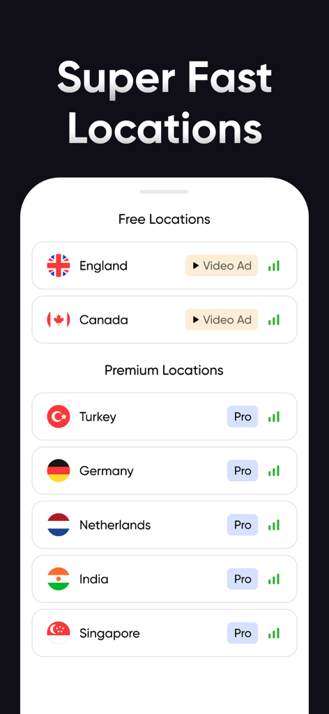 Screenshot of ProtectVPN app showing a list of free and premium server locations across different countries.
