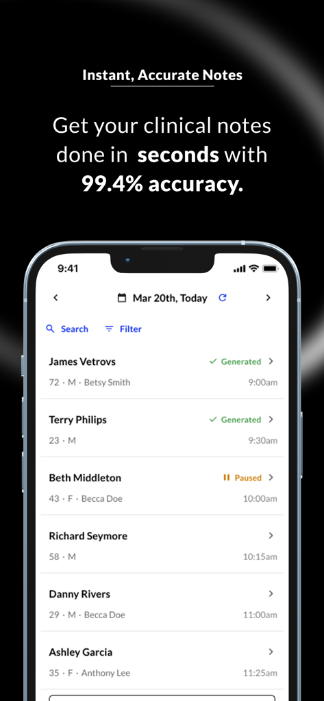 Commure Ambient - ScribeMobile - iPhone screen showing the Commure Ambient app with a list of patients and statuses for automated clinical note generation.