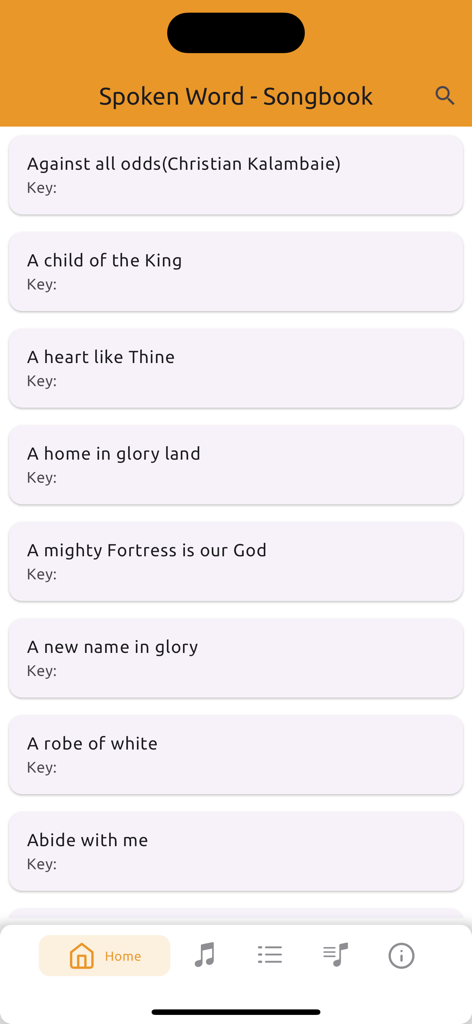 List of hymns and songs in the Spoken Word Songbook app interface