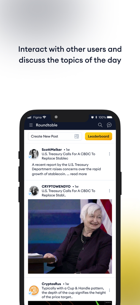 Roundtable (RTB) - Interfaz de la aplicación móvil Roundtable que muestra un feed social con publicaciones de noticias seleccionadas y discusiones de expertos sobre finanzas y criptomonedas.
