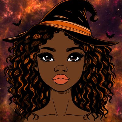 realistic black girl with wavy hair and witch hat and nose and lips
