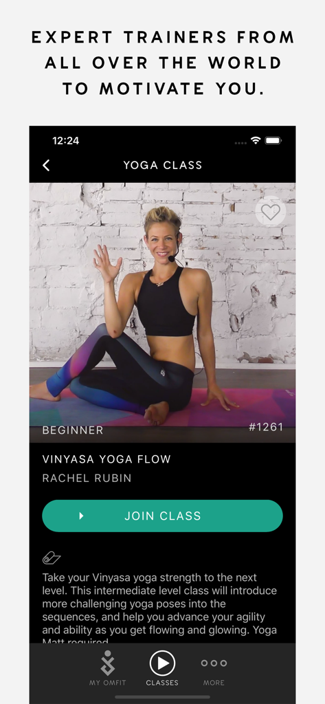 OMFIT - 1,000+ Fast Workouts - A smartphone screen showing a beginner Vinyasa Yoga Flow class on the OMFIT app with a professional trainer.
