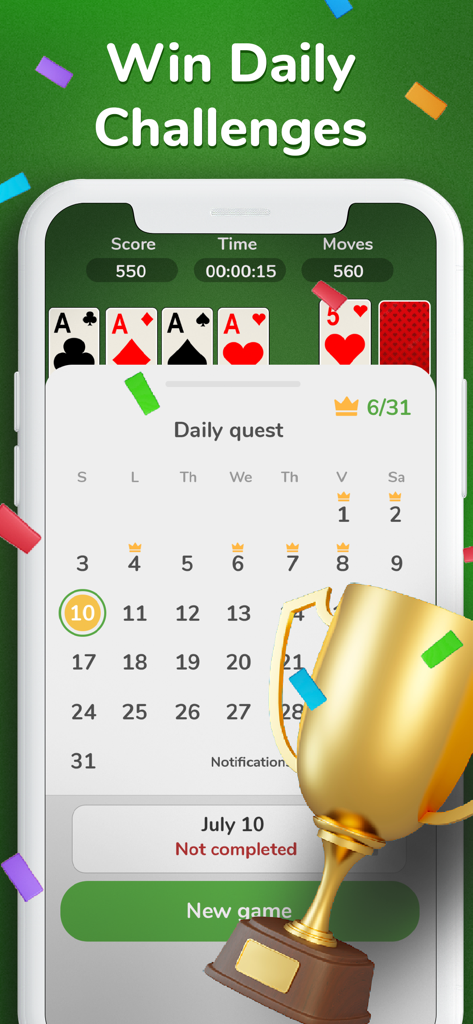 Solitaire - Classic Card 2026 - Solitaire mobile app screen showing a daily challenges calendar and a golden trophy