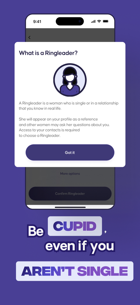Hulah — Dating app - Hulah app screen explaining how women can be Ringleaders and act as real life dating references.