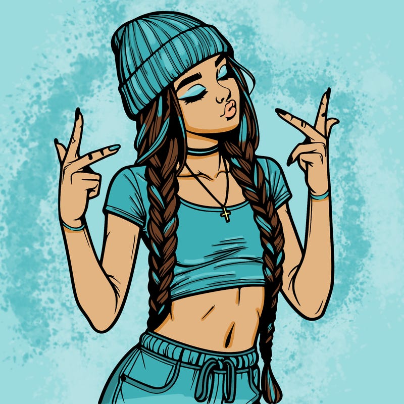 realistic teenage girl with braids and a beanie and crop top doing 🫶🏼