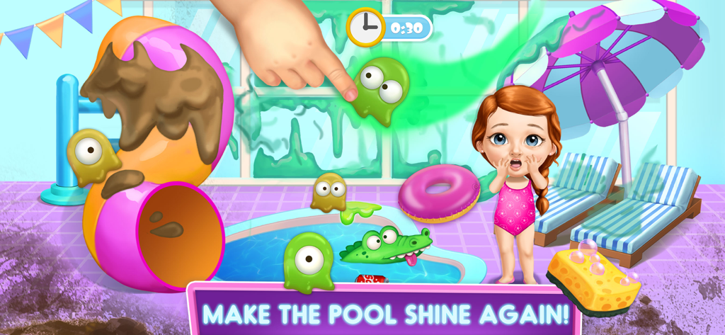 Sweet Baby Girl Hotel Cleanup - Una niña personaje de pie junto a la piscina de un hotel desordenado cubierta de monstruos de slime verde en un juego de simulación de limpieza.