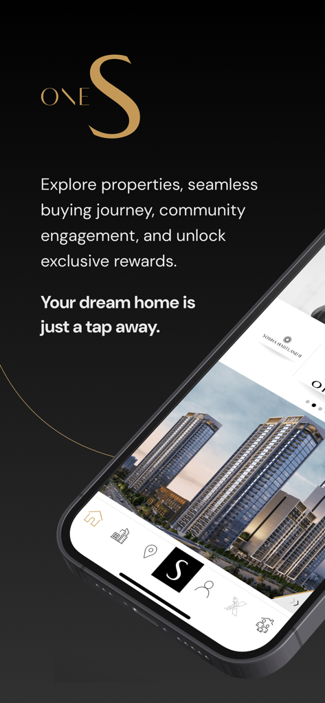 ONE Sobha App - ONE Sobha app promotional screen displaying luxury high-rise apartments and property exploration features.