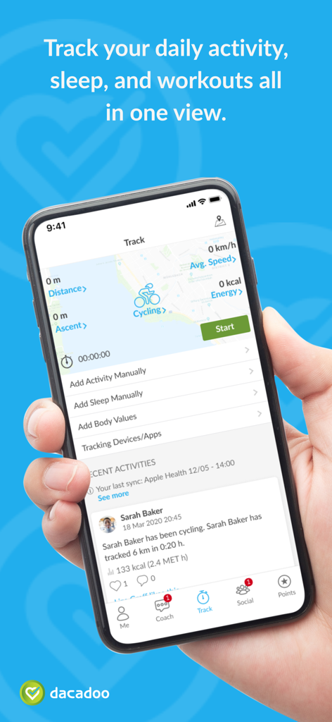 dacadoo - A hand holding a smartphone showing the dacadoo app tracking screen with cycling metrics and a social health feed.