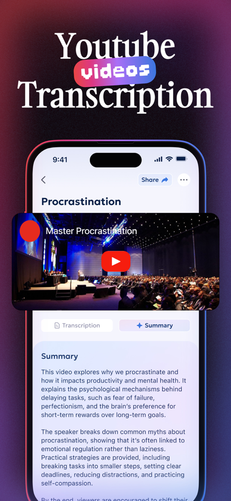Notik: AI Note Taker - Mobile app screen showing AI transcription and summary of a YouTube video