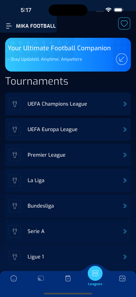Mika Football - List of major football tournaments in the Mika Football app interface