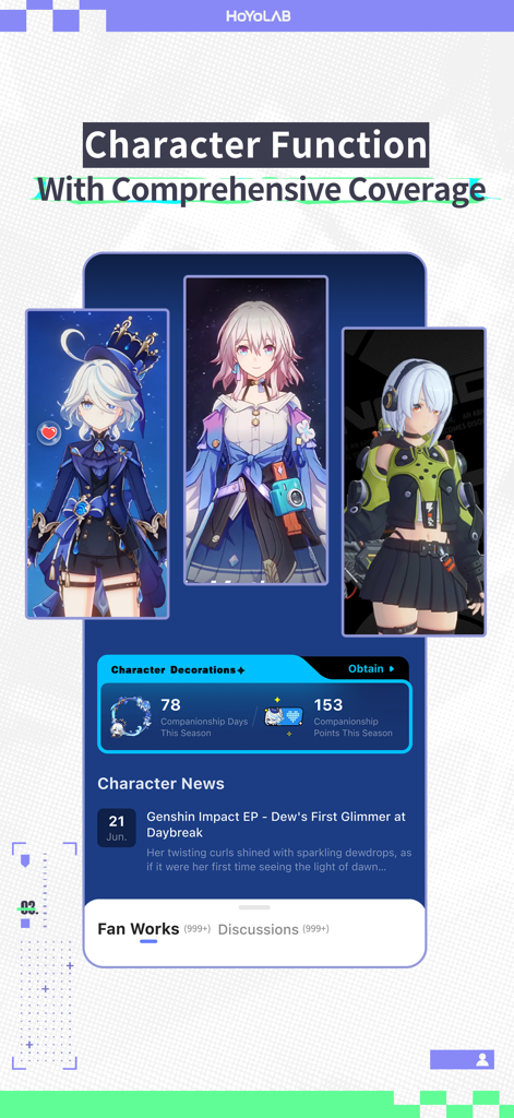 Interface de l'application HoYoLAB affichant les profils de personnages et les outils compagnons pour les jeux HoYoverse.