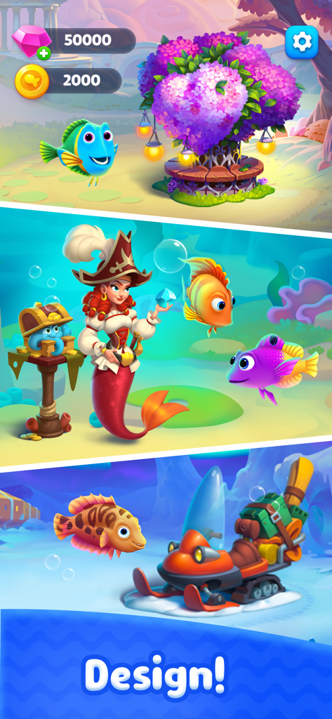 Fishdom Solitaire - Una muestra de tres temas de diseño de acuario diferentes, que incluyen un jardín floral, una escena de sirena pirata y un paisaje ártico con una moto de nieve.