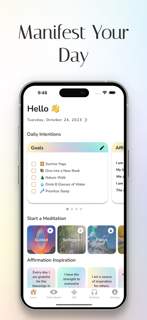 Manifest : Mood & Vision Board - MYLA app interface showing daily intentions goals and meditation options