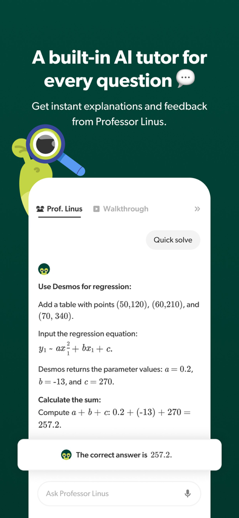 Linus: Digital SAT Prep - Linus Digital SAT Prep app interface showing a step-by-step math explanation from the built-in AI tutor.