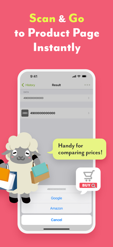 ICONIT QRcode Reader - ICONIT app screenshot showing barcode scan results and direct links to Amazon and Google for price comparison.