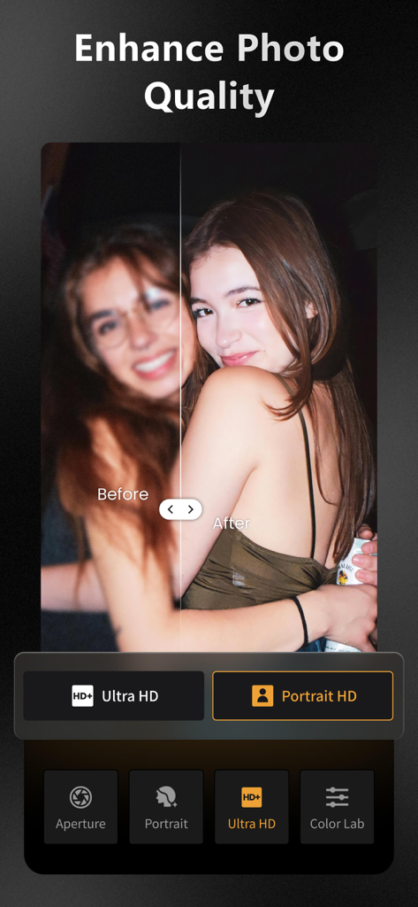 A split screen comparison showing a blurry original photo versus a sharp enhanced portrait using the ReLens Ultra HD feature.