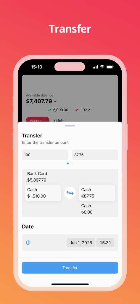 Axia - Budget Tracker - Axia budget tracker mobile app interface showing internal money transfer between multi-currency accounts