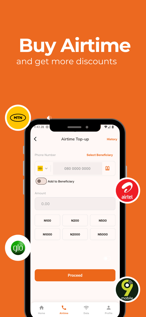 MinatPay: Cheap Data & Airtime - Pantalla de la app móvil MinatPay para recargar tiempo aire en redes nigerianas como MTN, Airtel, Glo y 9mobile con descuentos instantáneos.