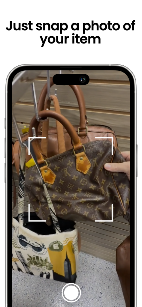 Thrifty: AI Profit Identifier - Smartphone screen showing the Thrifty app scanning a designer handbag to identify its market value