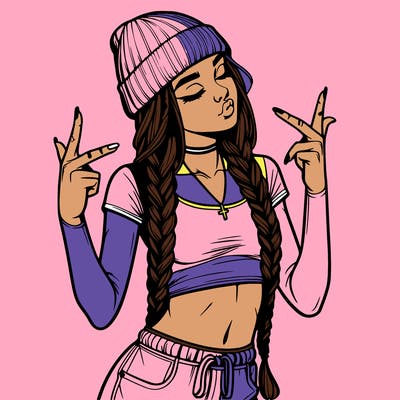 realistic teenage girl with braids and a beanie and crop top doing 🫶🏼