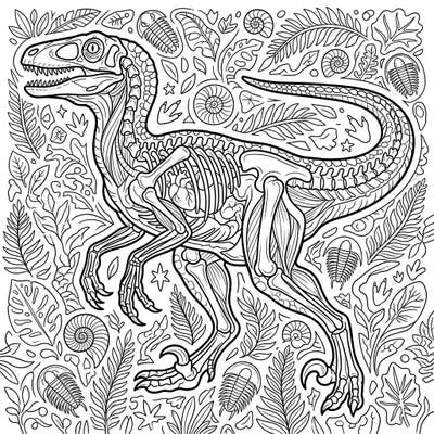 Embark on an exciting prehistoric journey with our Velociraptor Anatomy coloring page. Explore the intricate skeletal and muscular structure of this famed dinosaur, set against a rich background of ancient fossils and flora.