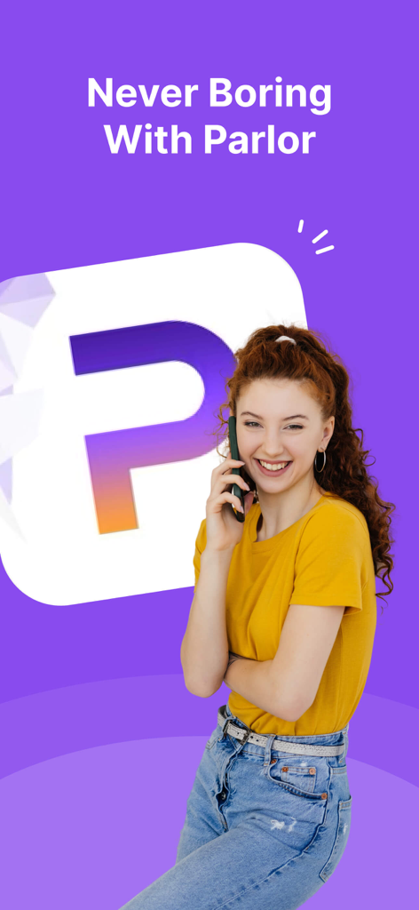 Parlor: The Social Talking App - Uma jovem sorrindo falando em seu smartphone com o logotipo do aplicativo Parlor ao fundo