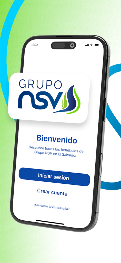 Grupo NSV ロイヤルティアプリのウェルカム画面、ログインと登録オプションを表示