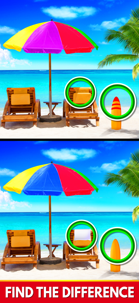 Find The Differences: Spot It - Un rompecabezas de escena de playa que muestra dos imágenes similares con diferencias rodeadas en una toalla y una tabla de surf.