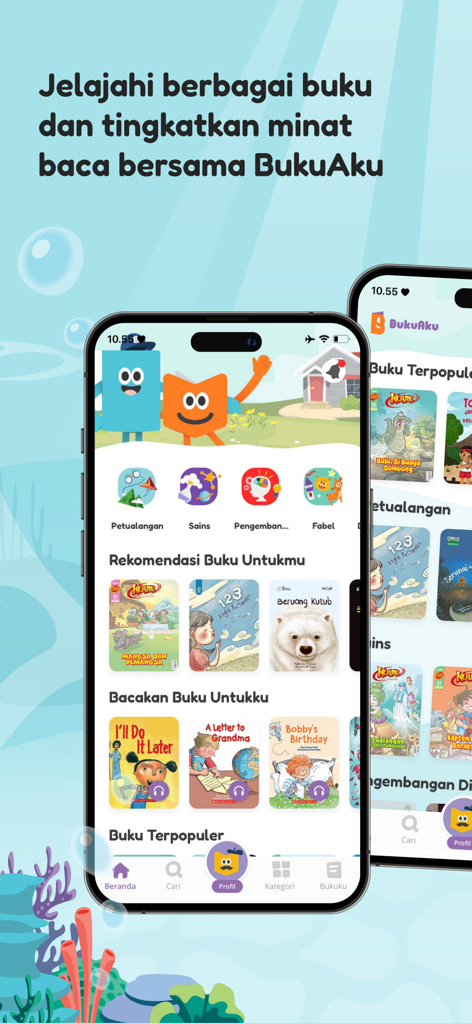 BukuAku - BukuAku mobile app interface showing children book categories and personalized reading recommendations