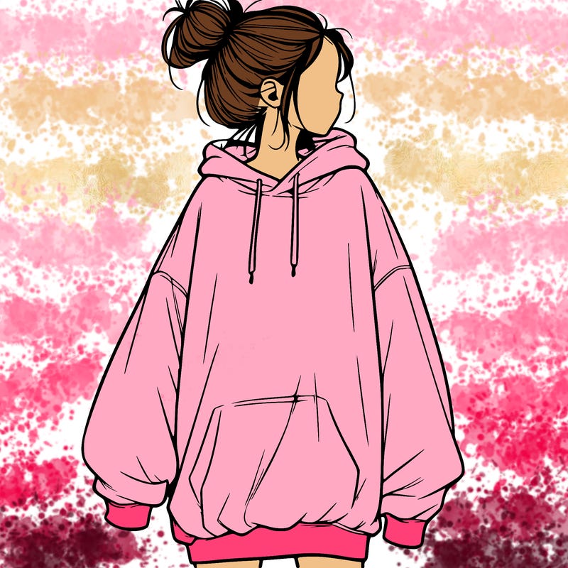 realistic girl with a oversized sweatshirt on and a bun