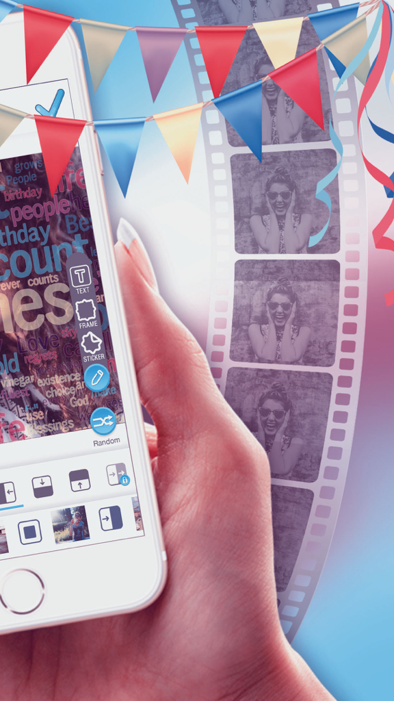 Birthday Slideshow Maker – Free Funny Video.s - Mobile app screen showing tools to create birthday videos with stickers and text