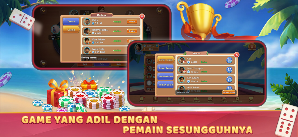 Domino QiuQiu 99: Gaple Online - Captura de pantalla de la aplicación Domino QiuQiu 99 que muestra la lista de amigos y la interfaz de invitación sobre un fondo temático de playa