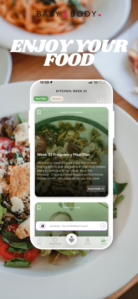 Baby2Body: Pregnancy Wellness - Baby2Body app screenshot showing a personalized pregnancy meal plan and AI wellness coach interface.