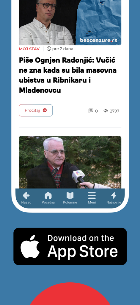 Bez Cenzure - ニュース記事とナビゲーションメニューを表示する検閲なしアプリのモバイルインターフェイス。